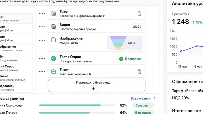 Широкий вид LMS: список курсов и статусы учеников